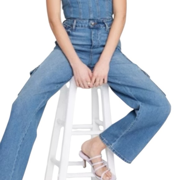 Wild Fable Tube Cargo denim wide leg Jumpsuit bandeau strapless - Picture 3 of 16